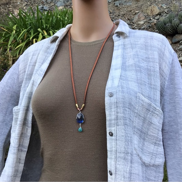 Natural Labradorite silver bezel Amazonite leather cord Sundance Charm Necklace